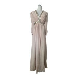 Dreamy Lily Blush Sequin Empire Waist‎ Maxi Dress Long Sleeve Formal Gown Size 4